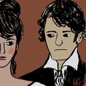 Illustration of Elizabeth Bennet and Fitzwilliam Darcy with neutral expressions on their faces