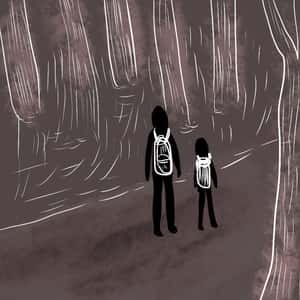 illustration of a man and his son walking along a road through a forest