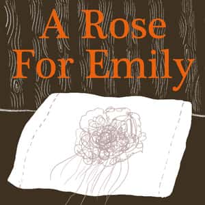 outline of a rose resting on a pillow below the title "A Rose for Emily"