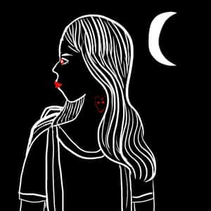 outline of a girl wearing a backpack with a red bite mark on her neck walking in the moonlight