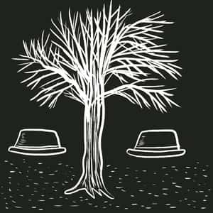 Abstract illustration of two hats under a leafless tree in black and white