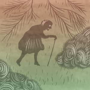 abstract illustration of an old woman walking with a cane through an odd landscape