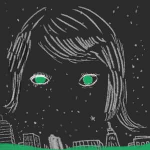 illustration of a mostly faceless head with eyeballs and hair hovering over some buildings and a starry sky