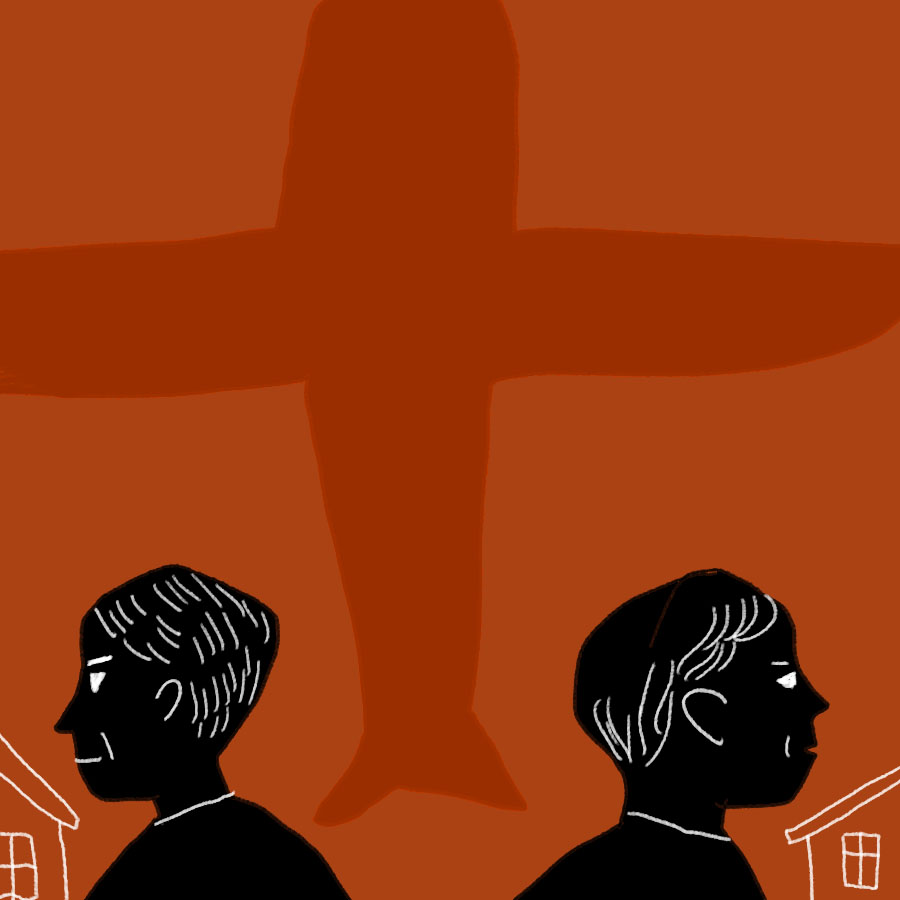 Illustration of the silhouetted profiles of two men facing away from each other, and the shadow of an airplane in the background