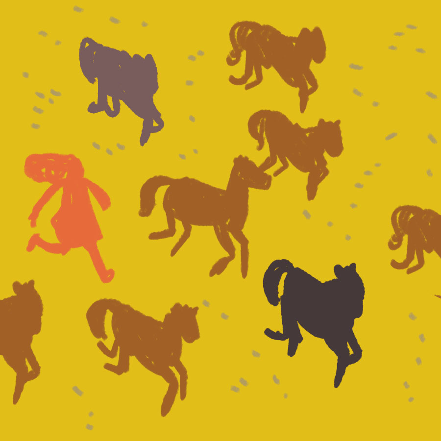 group of horses running with a girl running among them