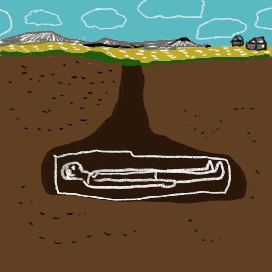 man lying inside a coffin buried underneath the earth