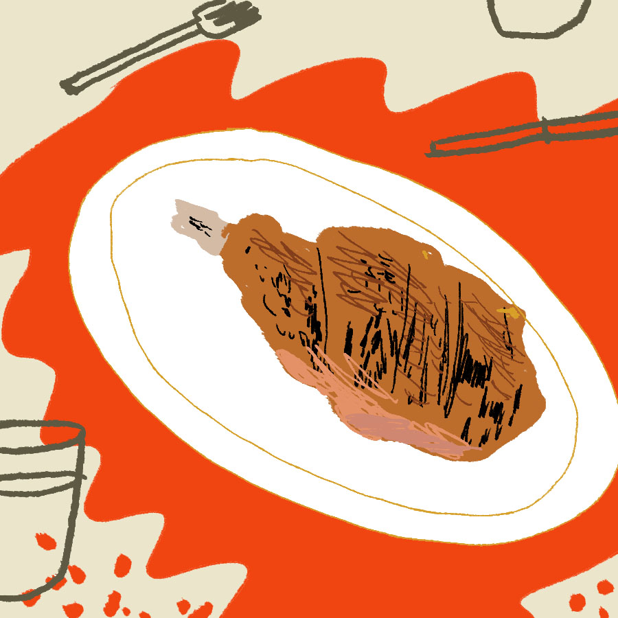 illustrated tablesetting with a plate containing a large lamb-leg roast resting on a puddle of blood