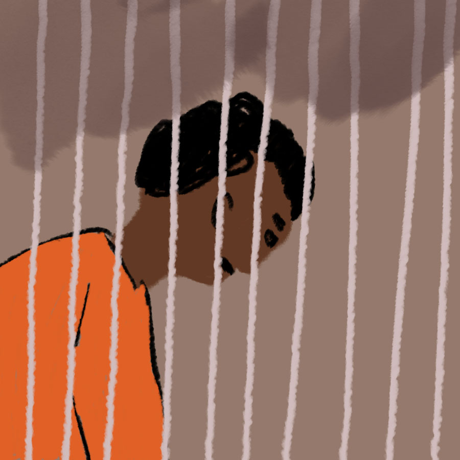 illustration of a black man sitting in an orange jumpsuit behind prison bars