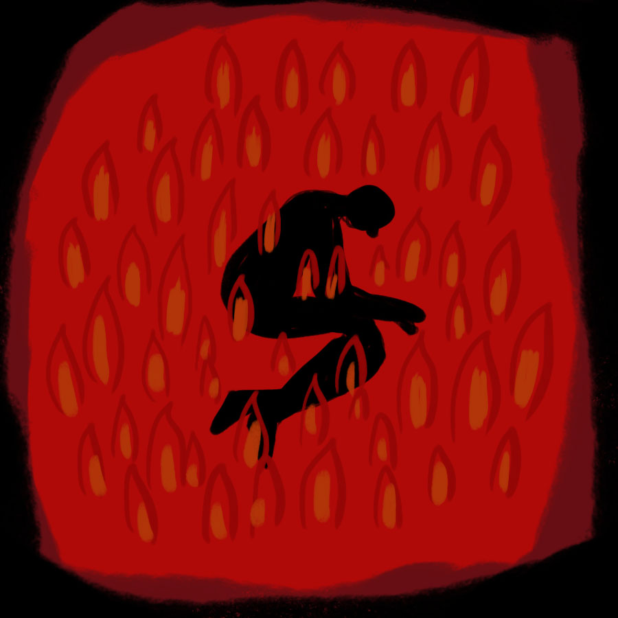 person lying in the fetal position surrounded by hellfire