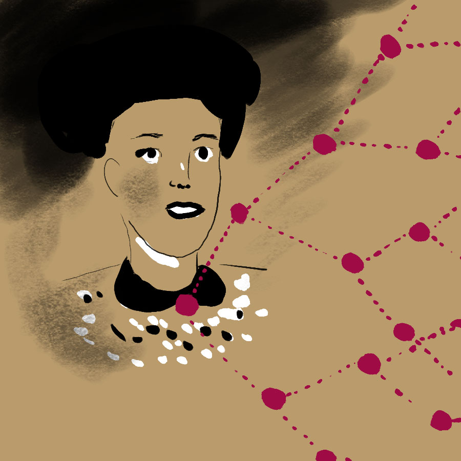 portrait of Henrietta Lacks with lines building on her image to a grid of connected dots