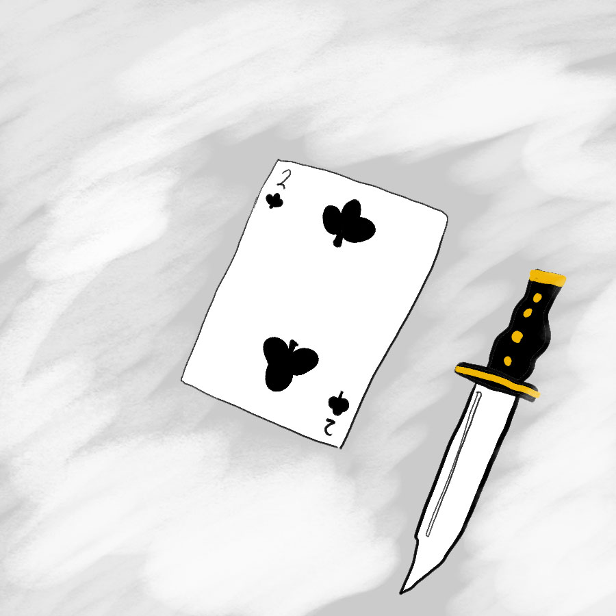 playing card, a two of clubs, in the center next to a hunting knife