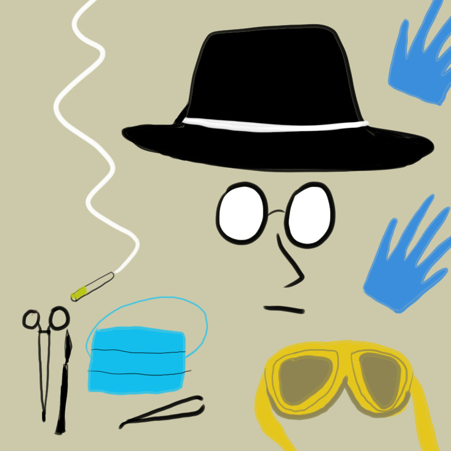 abstract illustration of a man's face and several accoutrements: scissors, gloves, glasses, tweezers, facemask, and a cigarette
