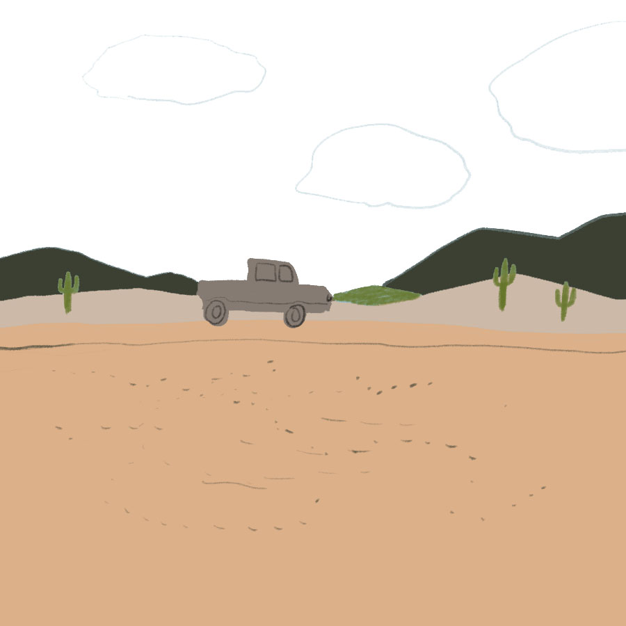 single car driving across the desert