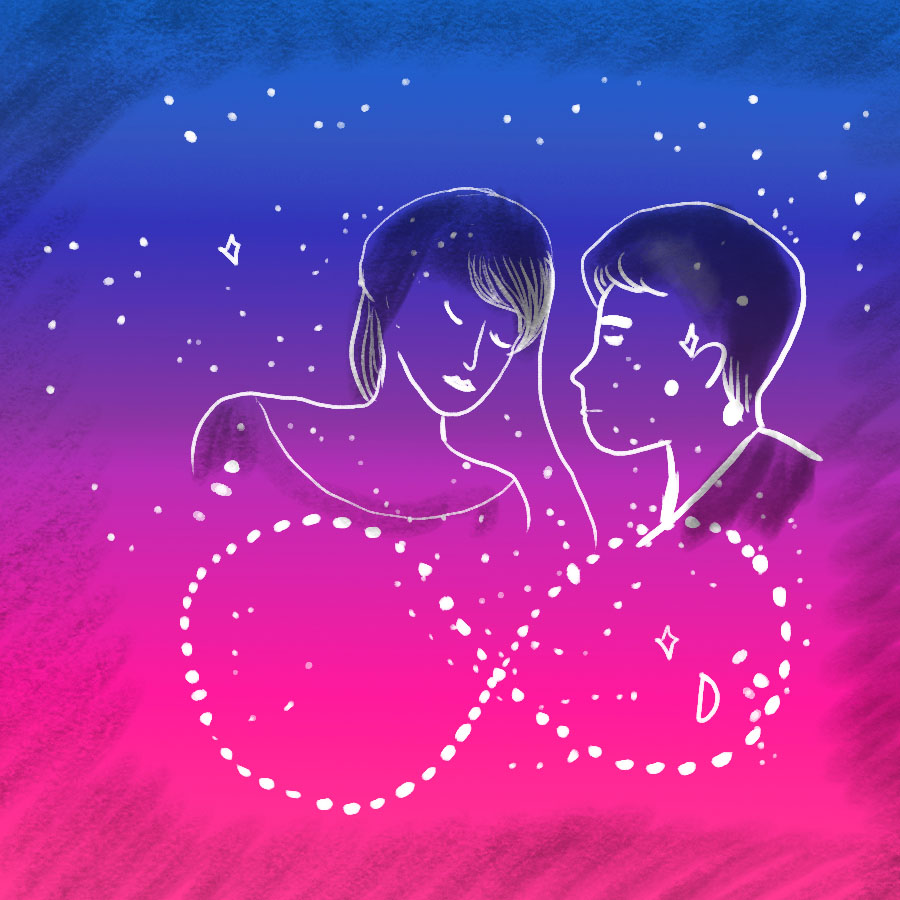 man and women intimately close in the starry night sky with an infinity sign below them