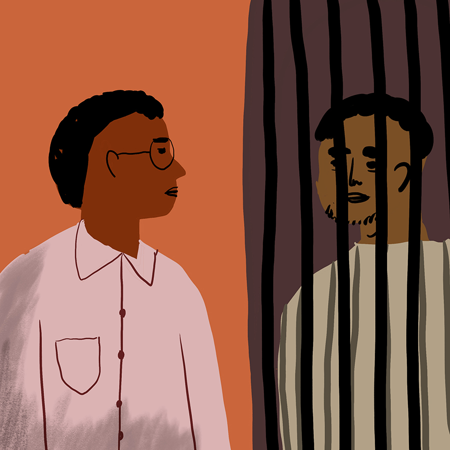 Illustration of a man visiting another man in jail