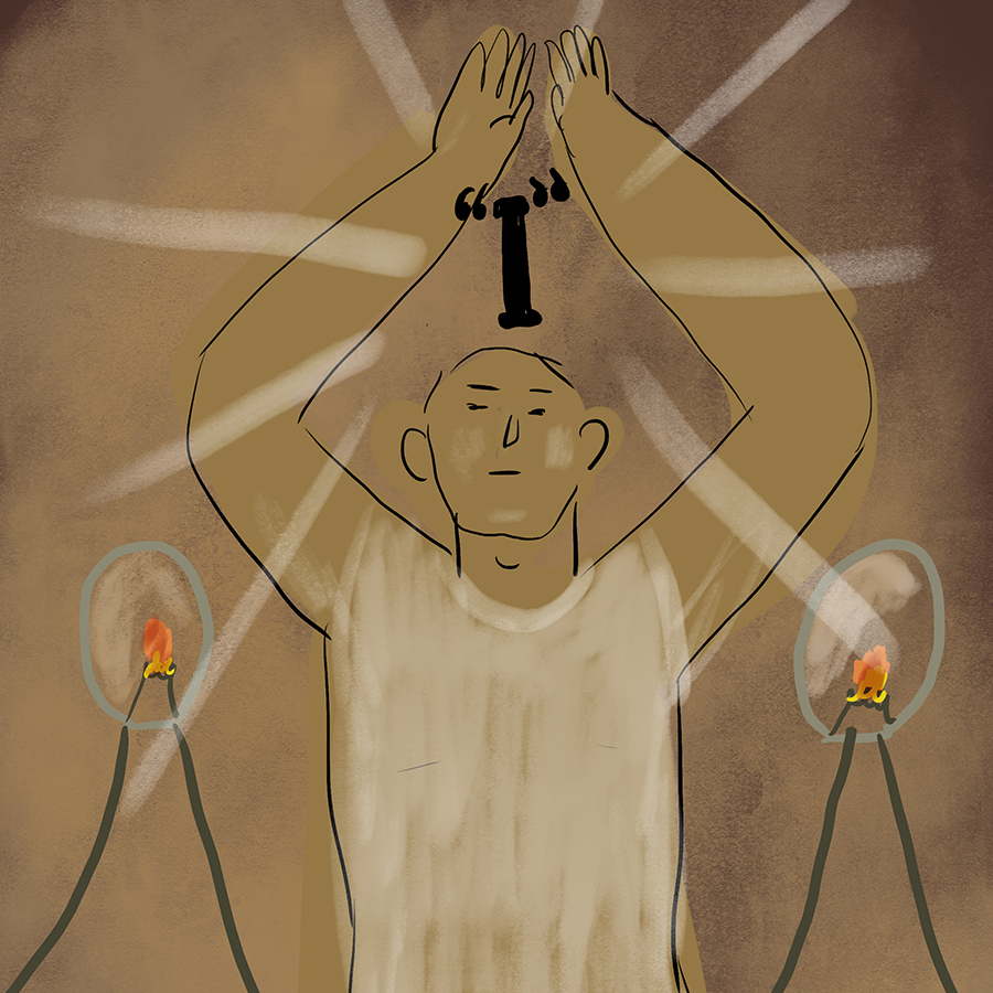 illustration of a person flanked by candles and holding his arms in the air where a letter "I" floats