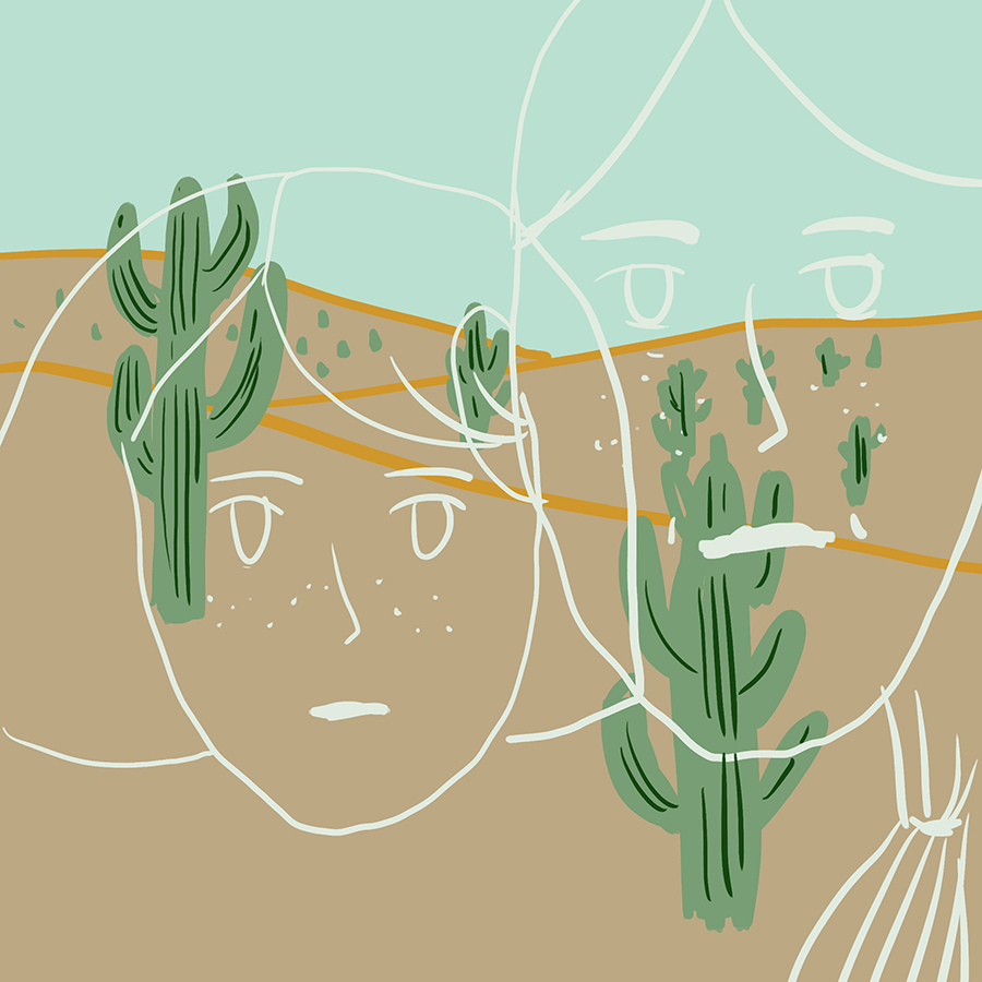 two female faces superimposed upon a desert landscape